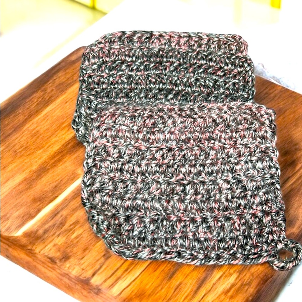 Handcrafted crocheted potholder or hot mat   Soft & thick. shades of gray & pink
